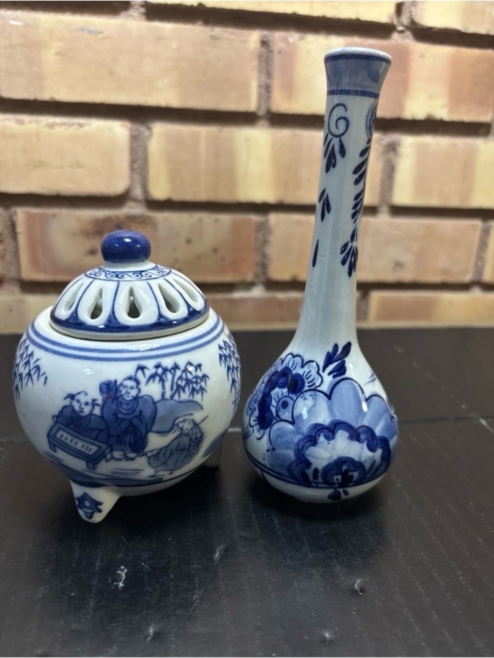 Vintage Japanese porcelain incense burner And A Vintage Delft Blue Bud Vase